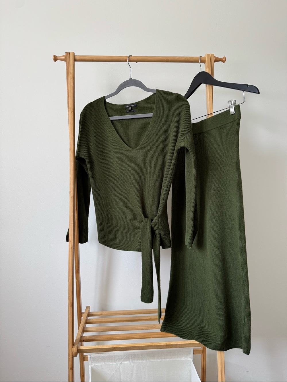 Massimo Dutti Olive Green Wool Knit Wrap Sweater & Skirt Set